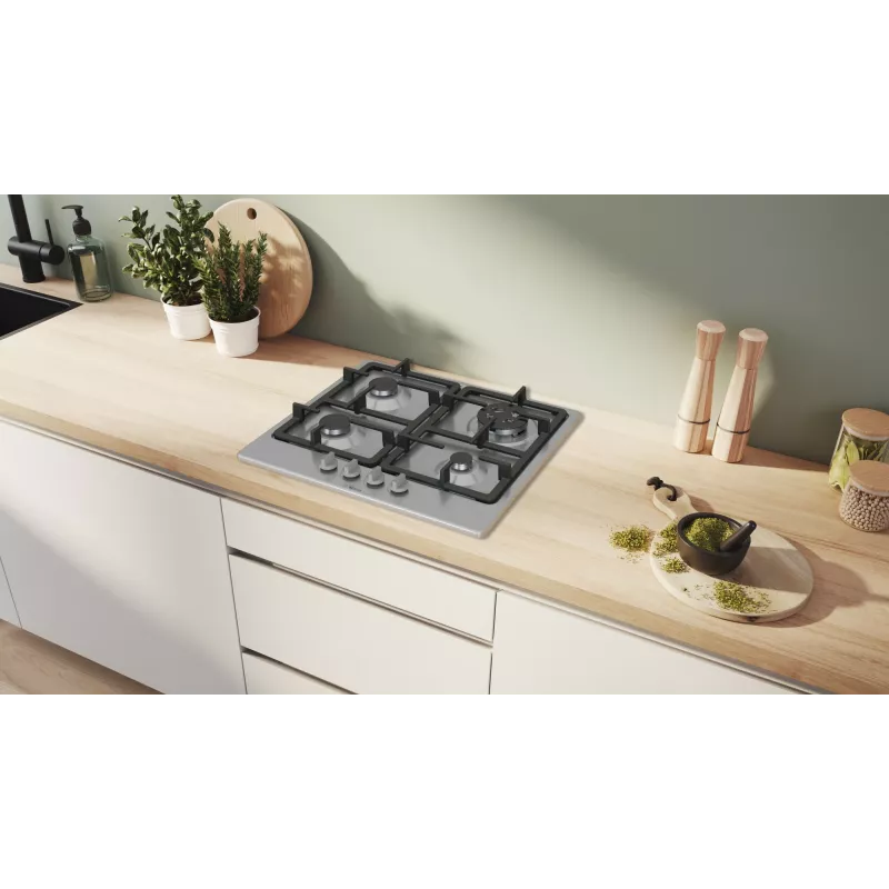 Įmontuojama dujinė kaitlentė Bosch Serie 4 PGH6B5K90, 4 zonos, nerūdijantis plienas, 60 cm, sukamosios rankenėlės, wok degiklis