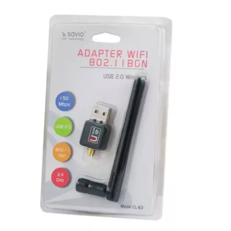 USB WLAN adapteris SAVIO CL-63, vienos juostos 2.4 GHz, 150 Mbit/s, Realtek RTL8188CU, išorinė antena, USB 2.0