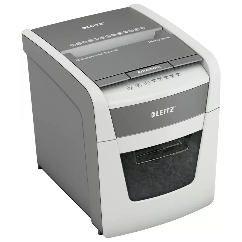 Popieriaus smulkintuvas LEITZ IQ Autofeed Small Office50 P4 – mikro pjūvis 4x28 mm, automatinis padavimas 50 lapų, 22 cm įėjimas, 20 L krepšelis