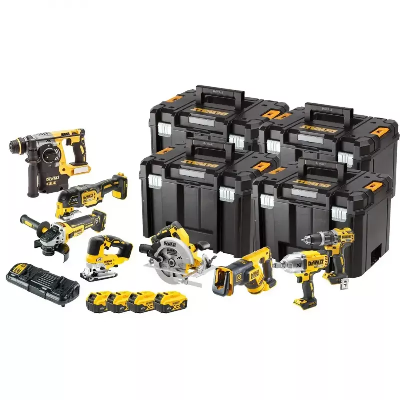 „DeWalt DCK865P4T“ 18V belaidžių įrankių rinkinys su keturiomis 5,0 Ah baterijomis ir „TSTAK“ dėžėmis