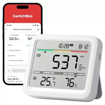 CO2 monitorius SwitchBot Meter Pro – CO2, temperatūros ir drėgmės matuoklis, LCD, baterija (AA), ABS korpusas, 5 V, temperatūros diapazonas -20–80°C