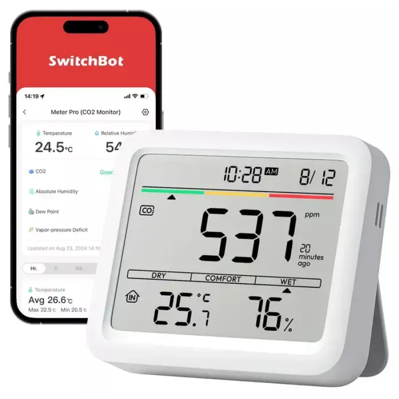 CO2 monitorius SwitchBot Meter Pro – CO2, temperatūros ir drėgmės matuoklis, LCD, baterija (AA), ABS korpusas, 5 V, temperatūros diapazonas -20–80°C