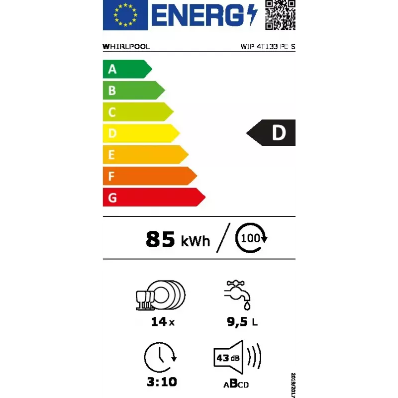 Įmontuojama indaplovė WHIRLPOOL WIP 4T133 PE S — 14 komplektų, 60 cm, 43 dB, energijos klasė D