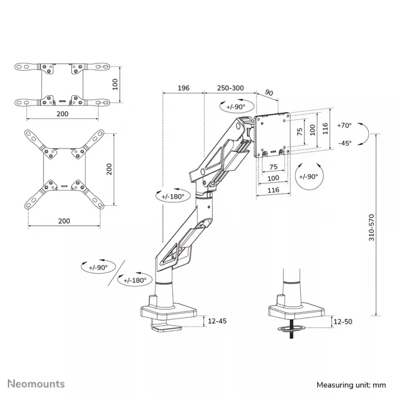 Neomounts DS70-256BL1 žaidimų monitoriaus ranka 24–57 colių ekranams, dujinė spyruoklė, Topfix, 30 kg talpa, VESA 75–200 mm