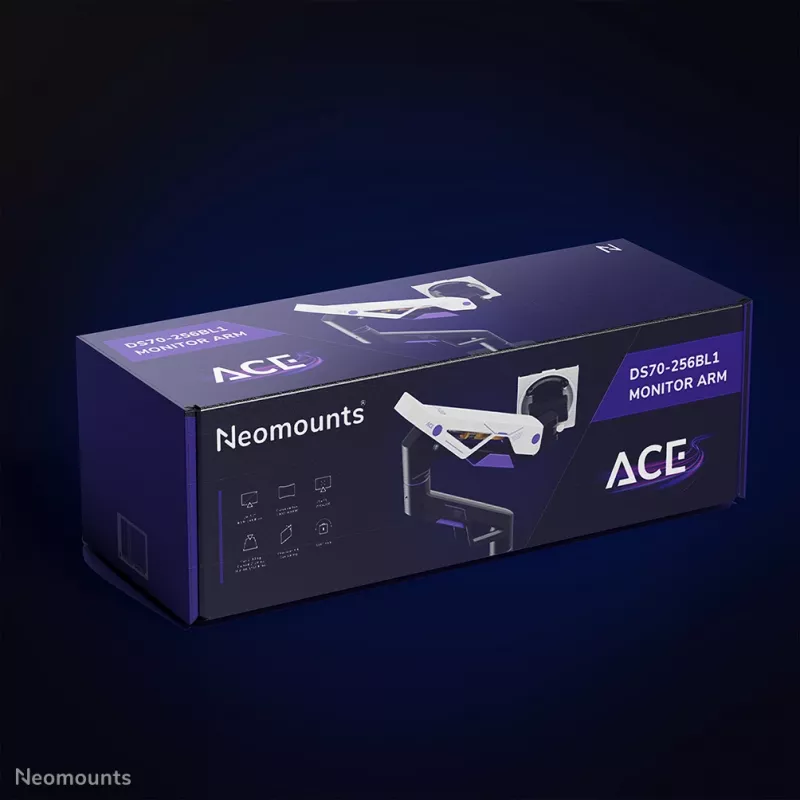 Neomounts DS70-256BL1 žaidimų monitoriaus ranka 24–57 colių ekranams, dujinė spyruoklė, Topfix, 30 kg talpa, VESA 75–200 mm