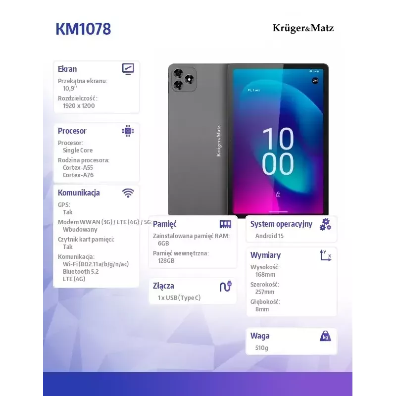 Planšetinis kompiuteris Kruger & Matz KM1078S 10,1 colio ekranas 4G LTE keturių branduolių 2GB RAM 32GB atmintis Android