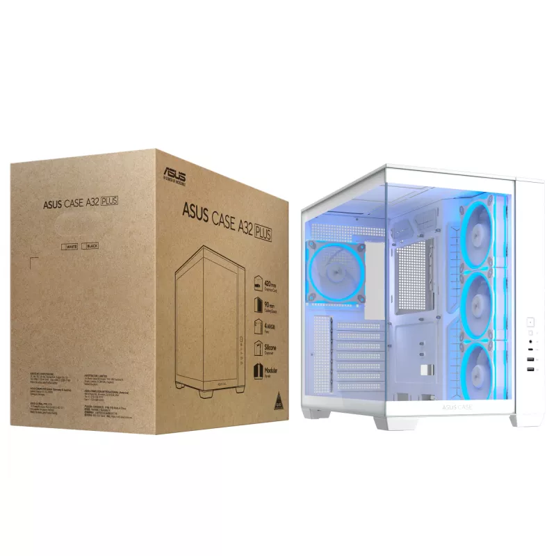 Korpusas ASUS A32 PLUS/WT/TG/ARGB Mid Tower, baltas, ATX, grūdintas stiklas, ARGB, USB-C, palaiko iki 420 mm GPU