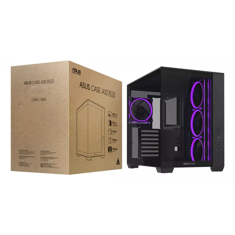 ASUS A32 PLUS ATX korpusas, juodas – grūdintas stiklas, RGB ventiliatoriai, USB-C