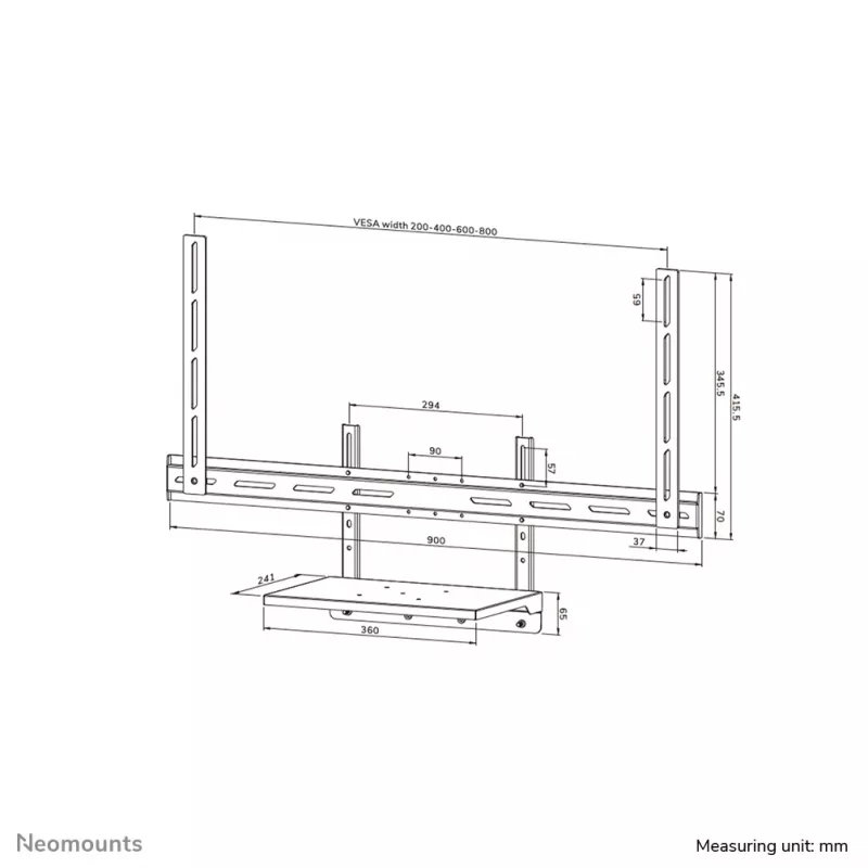 Neomounts lentynėlė nešiojamam kompiuteriui AV45-500BL, skirta 43–110 colių ekranams, VESA iki 600x400, max 2,5 kg, 900×242×640 mm