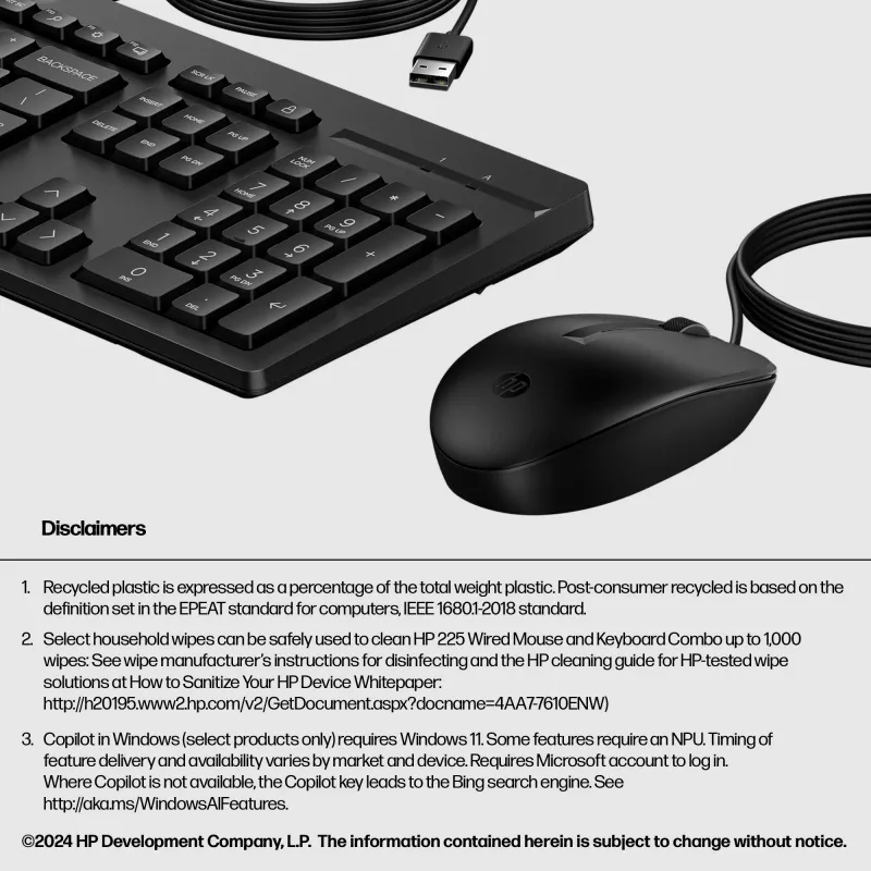 Pelių ir klaviatūros rinkinys HP 225 Wired Mouse and Keyboard Combo G2 USB
