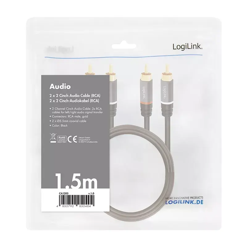 LogiLink CA1203 garso kabelis 1,5 m 2xRCA juodas