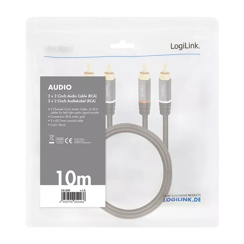 Garso kabelis LogiLink CA1209 10m 2xRCA juodas