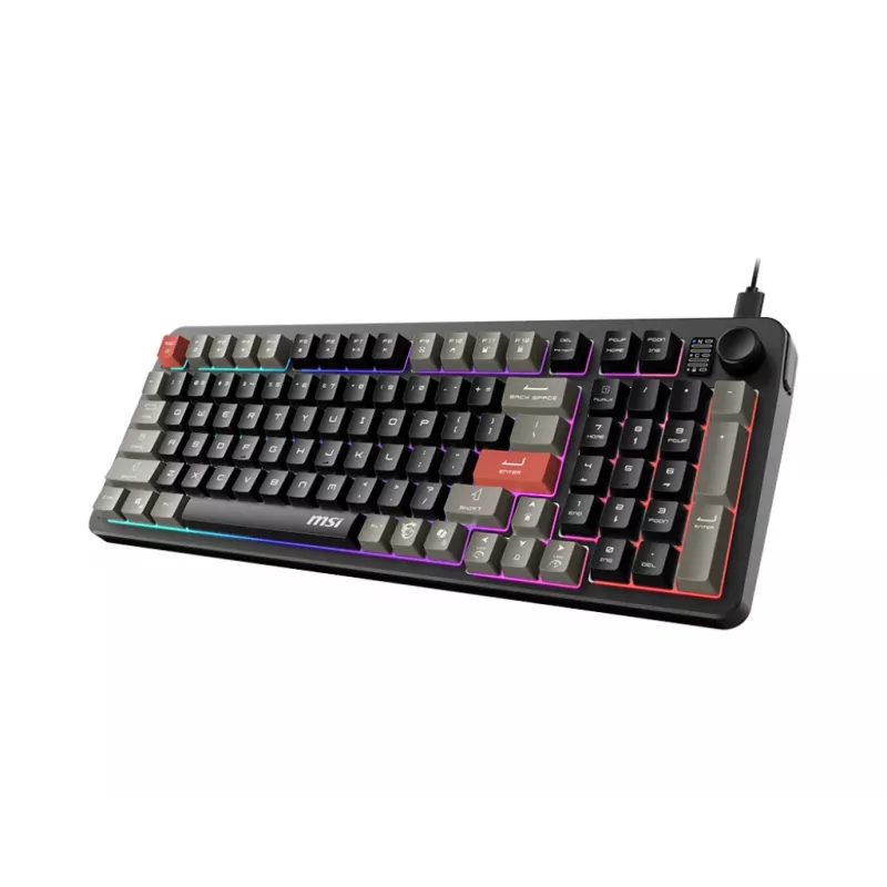 Klaviatūra MSI Forge GK110 — Pilno dydžio (100%), USB laidinė, QWERTY JAV anglų, membraninė, RGB apšvietimas, 97 klavišai, Juoda