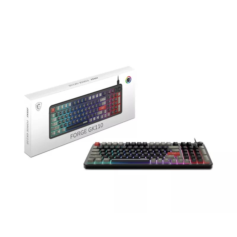 Klaviatūra MSI Forge GK110 — Pilno dydžio (100%), USB laidinė, QWERTY JAV anglų, membraninė, RGB apšvietimas, 97 klavišai, Juoda