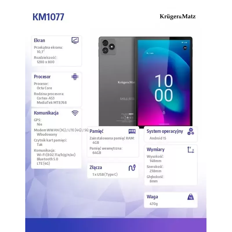 Planšetinis kompiuteris Kruger & Matz KM1077 10,1 colio ekranas Keturių branduolių procesorius 4GB RAM 64GB atmintis Android