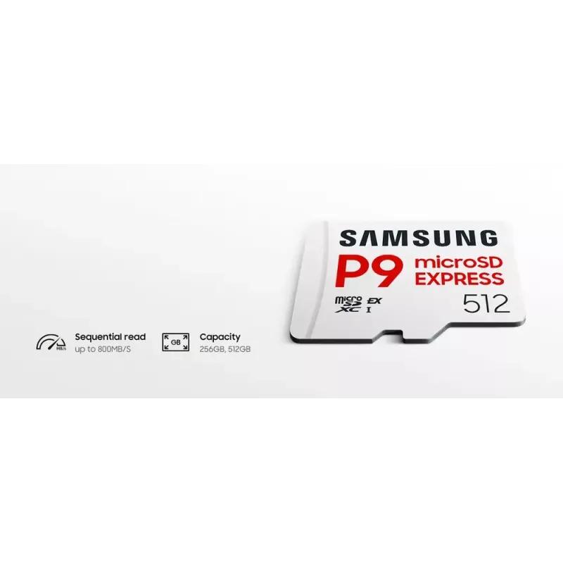 microSDXC atminties kortelė Samsung P9 Express 512 GB, UHS-I, Skaitymas 800 MB/s, V30, U1, balta