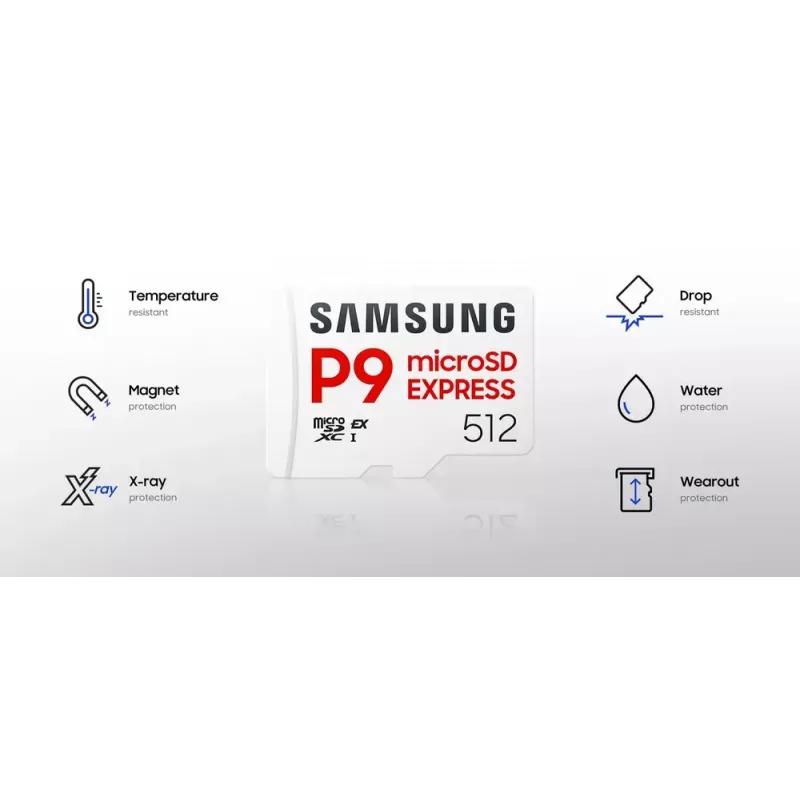 microSDXC atminties kortelė Samsung P9 Express 512 GB, UHS-I, Skaitymas 800 MB/s, V30, U1, balta