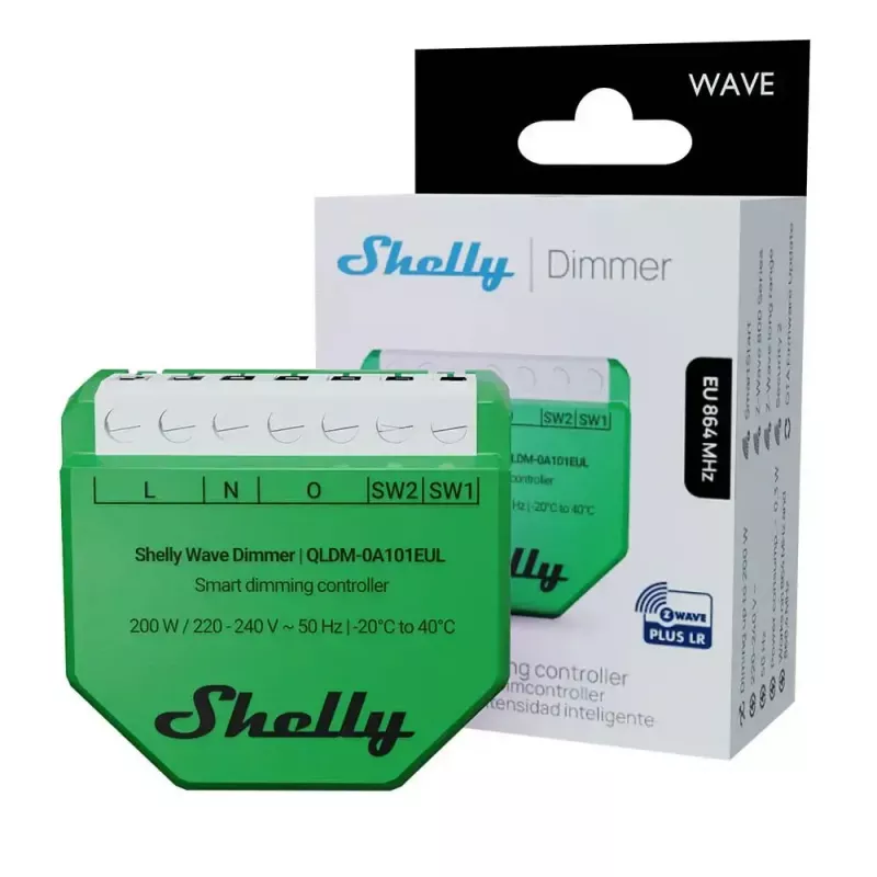 Shelly Wave Dimmer EU LR išmanusis reguliatorius – 2 kanalai, be nulinio laido, 220–240V, LED iki 150W, kaitrinės iki 200W, 864–868.4 MHz