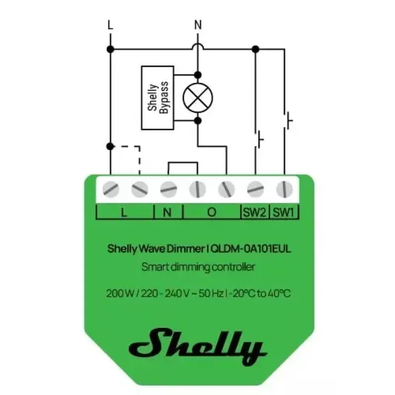 Shelly Wave Dimmer EU LR išmanusis reguliatorius – 2 kanalai, be nulinio laido, 220–240V, LED iki 150W, kaitrinės iki 200W, 864–868.4 MHz