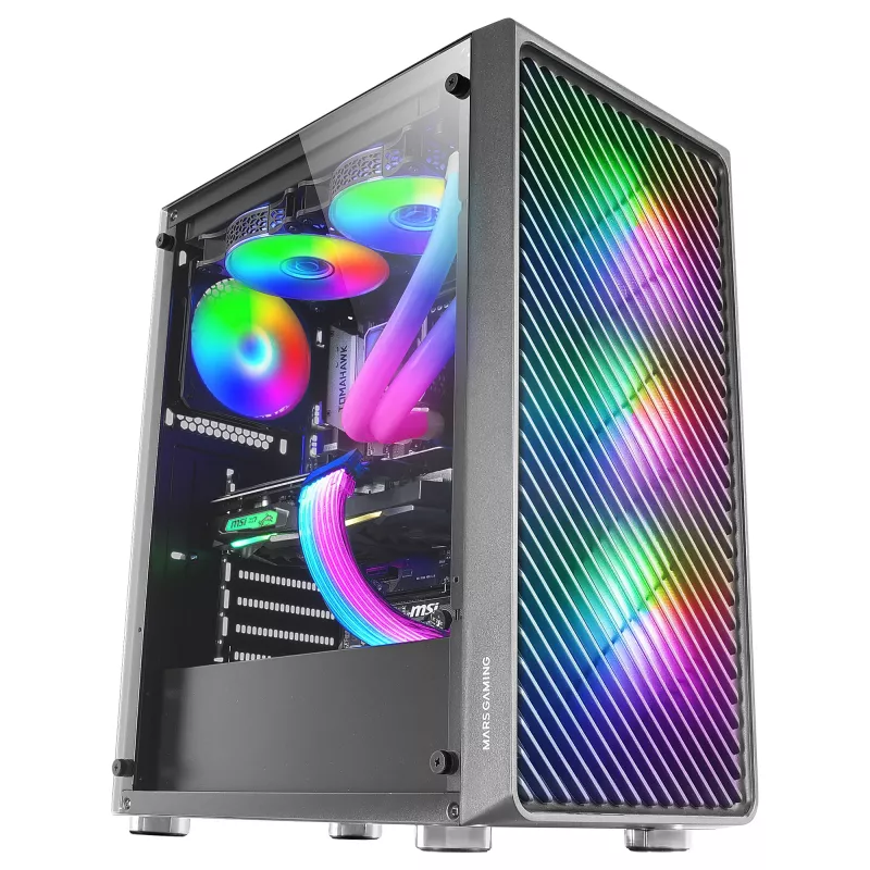 Mars Gaming MC-F Black, ATX Gaming Semitower, pilnas grūdinto stiklo langas, metalinis tinklelis priekyje, 4x 120mm ARGB ventiliatoriai