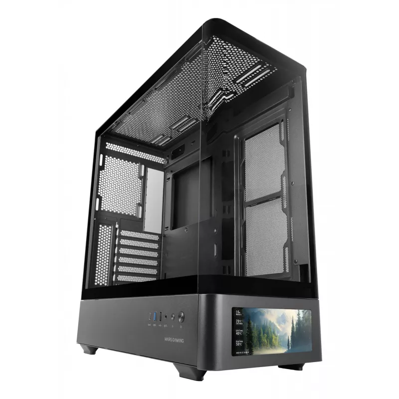 Korpusas PC Tacens Mars Gaming MCLCDPRO Midi Tower – Juodas, IPS 7,2 colio ekranas, maitinimo šaltinis apačioje, ATX/Micro‑ATX/Mini‑ITX