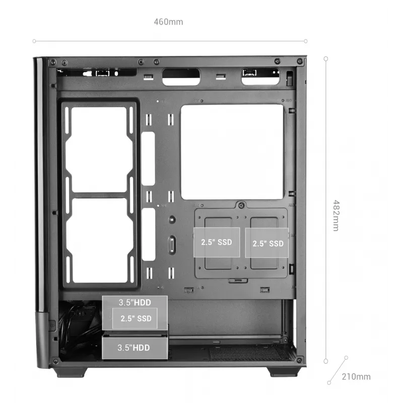 Korpusas PC Tacens Mars Gaming MCLCDPRO Midi Tower – Juodas, IPS 7,2 colio ekranas, maitinimo šaltinis apačioje, ATX/Micro‑ATX/Mini‑ITX