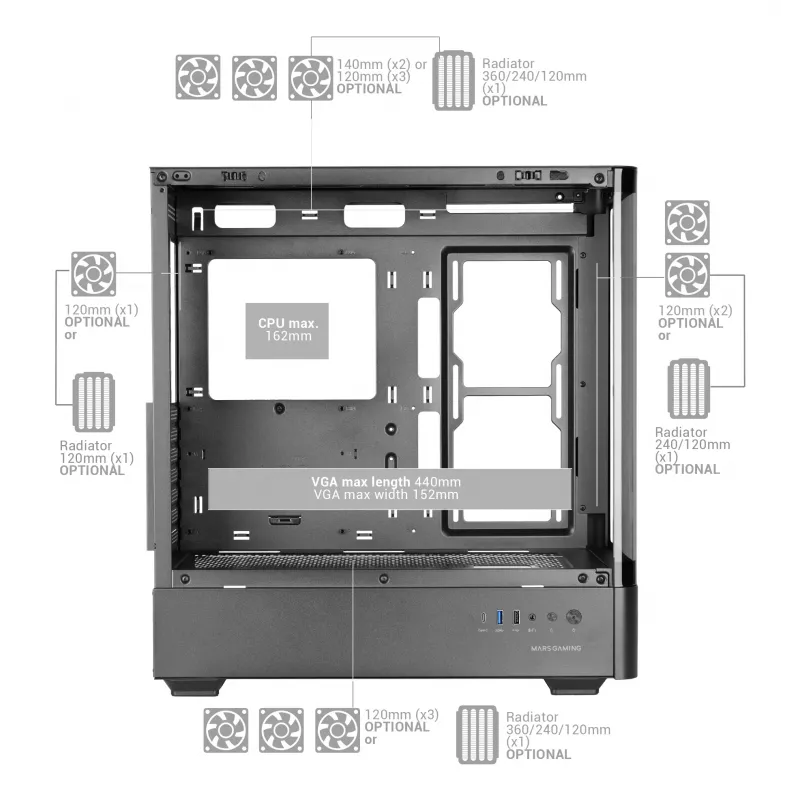 Korpusas PC Tacens Mars Gaming MCLCDPRO Midi Tower – Juodas, IPS 7,2 colio ekranas, maitinimo šaltinis apačioje, ATX/Micro‑ATX/Mini‑ITX