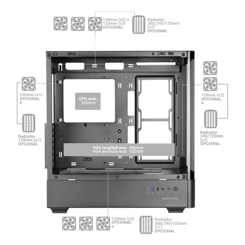 Korpusas PC Tacens Mars Gaming MCLCDPRO Midi Tower – Juodas, IPS 7,2 colio ekranas, maitinimo šaltinis apačioje, ATX/Micro‑ATX/Mini‑ITX