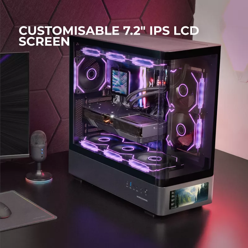 Korpusas PC Tacens Mars Gaming MCLCDPRO Midi Tower – Juodas, IPS 7,2 colio ekranas, maitinimo šaltinis apačioje, ATX/Micro‑ATX/Mini‑ITX