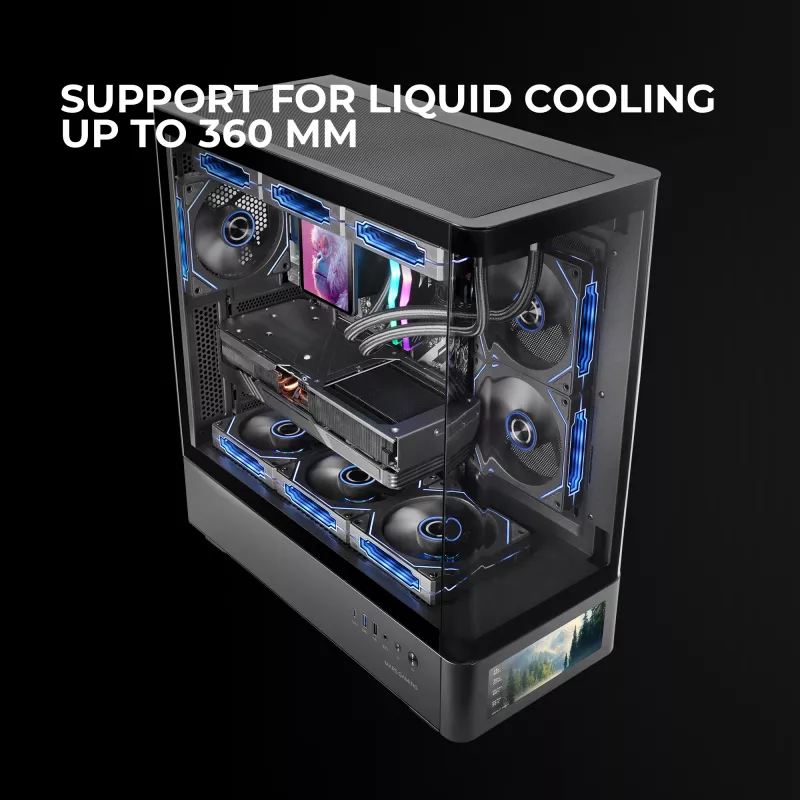 Korpusas PC Tacens Mars Gaming MCLCDPRO Midi Tower – Juodas, IPS 7,2 colio ekranas, maitinimo šaltinis apačioje, ATX/Micro‑ATX/Mini‑ITX