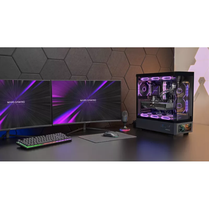Korpusas PC Tacens Mars Gaming MCLCDPRO Midi Tower – Juodas, IPS 7,2 colio ekranas, maitinimo šaltinis apačioje, ATX/Micro‑ATX/Mini‑ITX