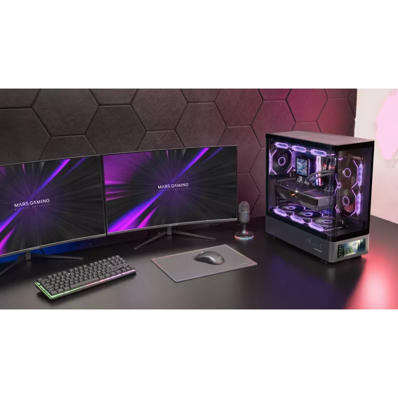Korpusas PC Tacens Mars Gaming MCLCDPRO Midi Tower – Juodas, IPS 7,2 colio ekranas, maitinimo šaltinis apačioje, ATX/Micro‑ATX/Mini‑ITX