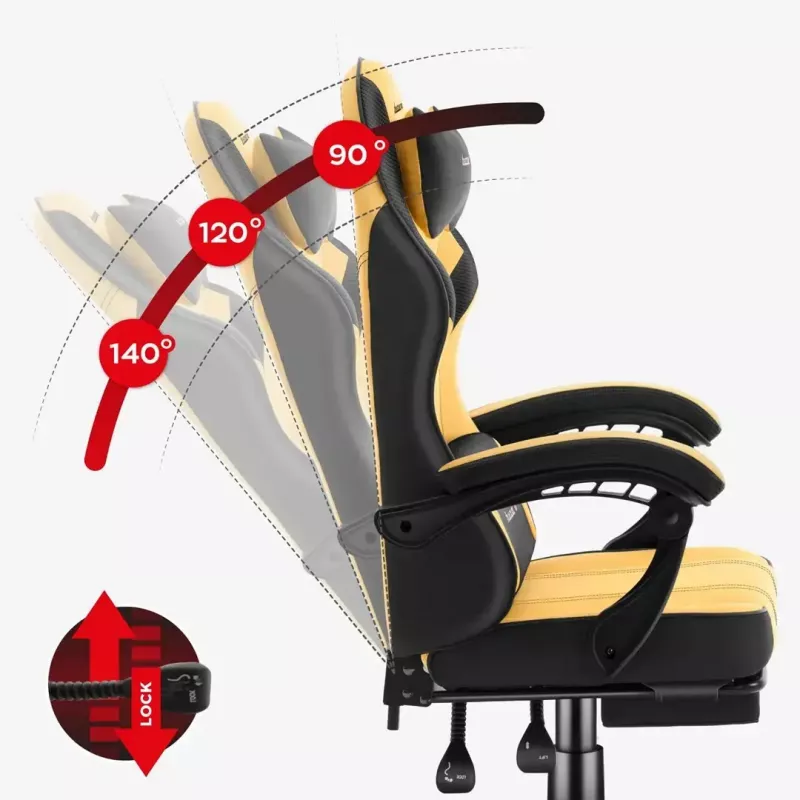 Žaidimų kėdė Huzaro Force 3.7 – ergonomiška aukšta nugara, geltona sėdynė, reguliuojami porankiai, aukštis 107,5–116,5 cm