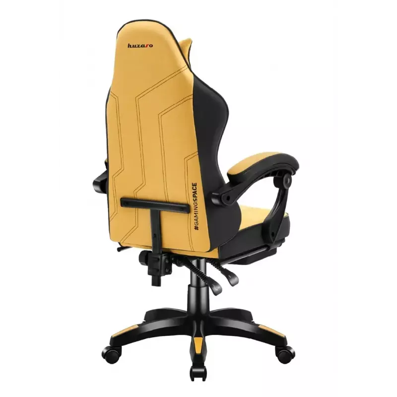 Žaidimų kėdė Huzaro Force 3.7 – ergonomiška aukšta nugara, geltona sėdynė, reguliuojami porankiai, aukštis 107,5–116,5 cm