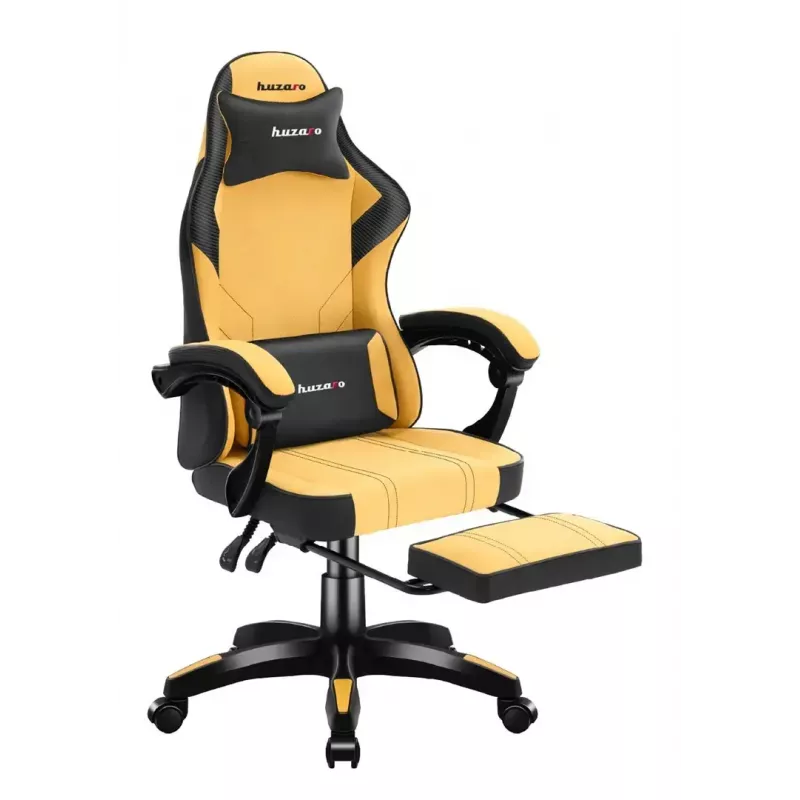 Žaidimų kėdė Huzaro Force 3.7 – ergonomiška aukšta nugara, geltona sėdynė, reguliuojami porankiai, aukštis 107,5–116,5 cm