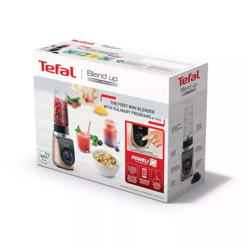 Stalo blenderis Tefal Blend Up BL190AF0 – 0,85 L indas, 1000 W, 6-peilių Powelix, pulsas, ledo smulkinimas (permatomas/juodos/smėlio spalvos)