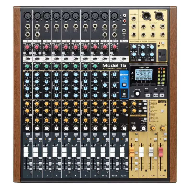 Audio maišytuvas Tascam MODEL 16 – 16 kanalų, 24 bitų DSP, 44,1/48 kHz, Bluetooth 5.0, USB B tipo, SD kortelių skaitytuvas