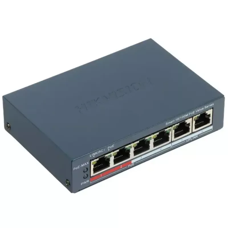Hikvision DS-3E1106P-EI/M 6 prievadų PoE komutatorius, 4x PoE 10/100 + 2x RJ45 10/100, 45 W