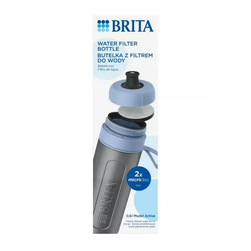 Filtravimo butelis BRITA Active 600 ml Pastelinė mėlyna su 2 MicroDisc filtrais, plastikas, be BPA, 233 mm