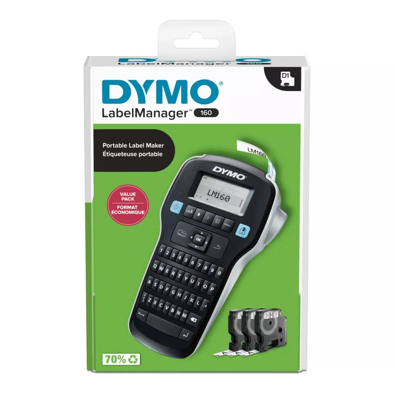 DYMO LabelManager 160 etikečių spausdintuvo pradžios rinkinys su 3 D1 juostos ritinėliais | Nešiojamas etikečių spausdintuvas | QWERTY klaviatūra | Idealus namams ar biurui