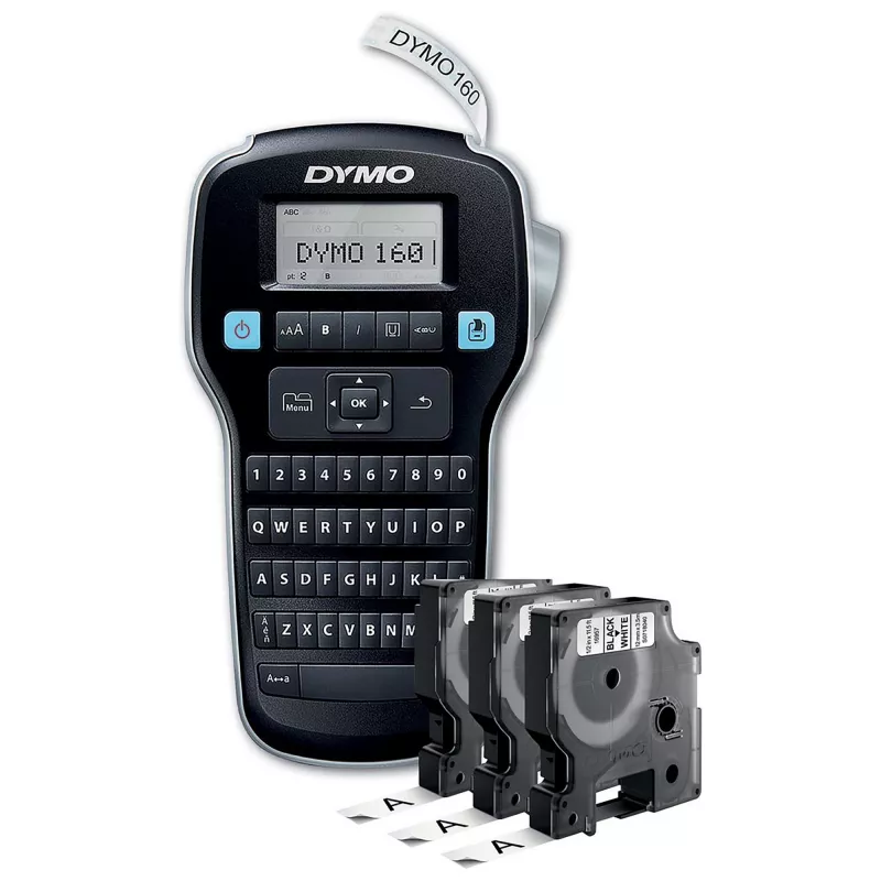 DYMO LabelManager 160 etikečių spausdintuvo pradžios rinkinys su 3 D1 juostos ritinėliais | Nešiojamas etikečių spausdintuvas | QWERTY klaviatūra | Idealus namams ar biurui
