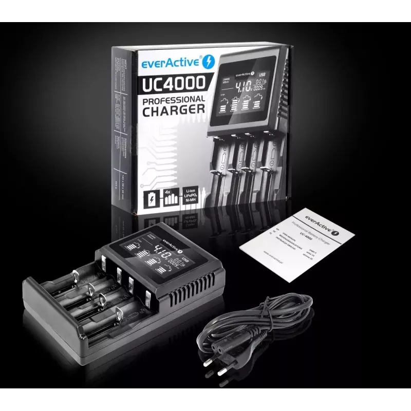Įkroviklis baterijoms everActive UC-4000 AA/AAA buitinėms baterijoms, 4 lizdai, 100–240V, juodas