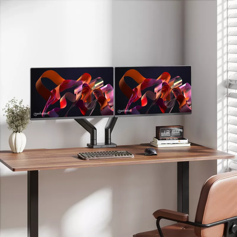 Manhattan TV ir monitorių laikiklis ant stalo, pilnas judesys, spyruoklė, 2 ekranai 13-45 col., juodas