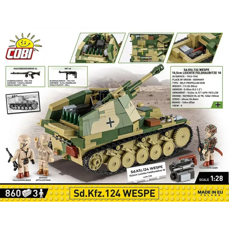 Cobi blokų rinkinys SD.KFZ.124 Wespe, 860 dalių