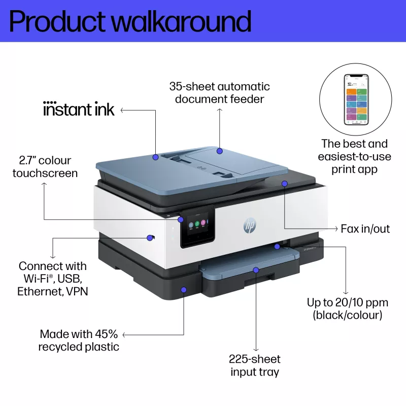 HP OfficeJet Pro 8125e belaidis daugiafunkcis spalvotas spausdintuvas, dvipusis spausdinimas, Instant Ink