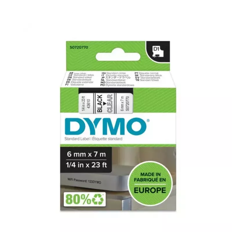 DYMO Autentiškos D1 etiketės | Juodas spaudinys ant skaidrios juostos | 6 mm x 7 m | Lipnios etiketės LabelManager etikečių spausdintuvams | Pagaminta Europoje