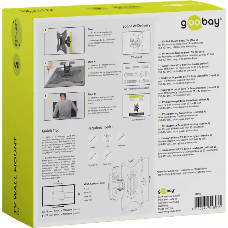 TV laikiklis sieninis Basic Tilt Goobay 51893