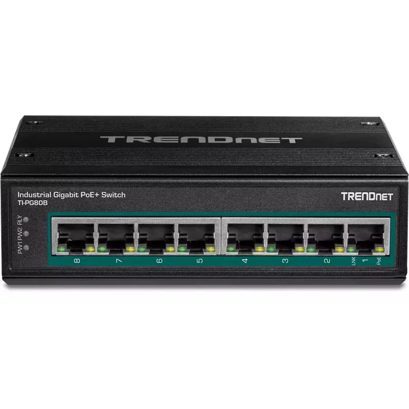 Trendnet TI-PG80B 8 prievadų pramoninis Gigabit PoE+ jungiklis su DIN-bėgiu