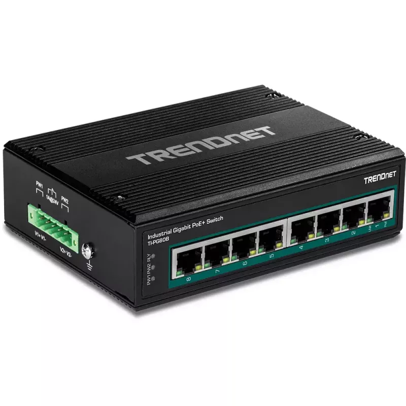 Trendnet TI-PG80B 8 prievadų pramoninis Gigabit PoE+ jungiklis su DIN-bėgiu