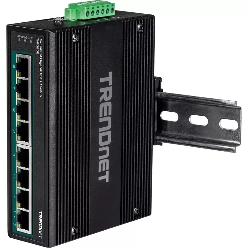 Trendnet TI-PG80B 8 prievadų pramoninis Gigabit PoE+ jungiklis su DIN-bėgiu